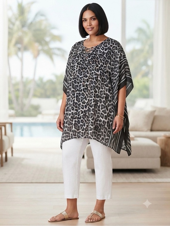 Michael Kors Tops - Michael Kors Women’s Lace-Up Snow Leopard Kaftan Top Size- XL Resort Vacation